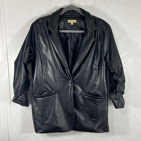 Democracy Black Faux Leather Coat Jacket Blazer, Ruched Sleeve Black Medium - Picture 1 of 5